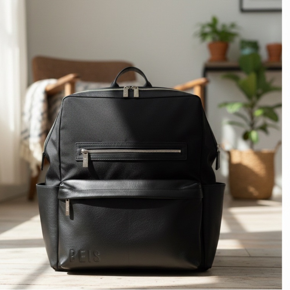 BEIS black travel backpack diaper bag with carry on pocket